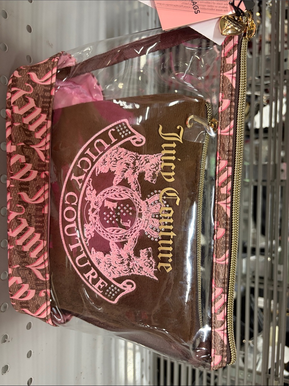 Juicy Couture Brown & Pink Clear Cosmetic Pouch with Gold Accents